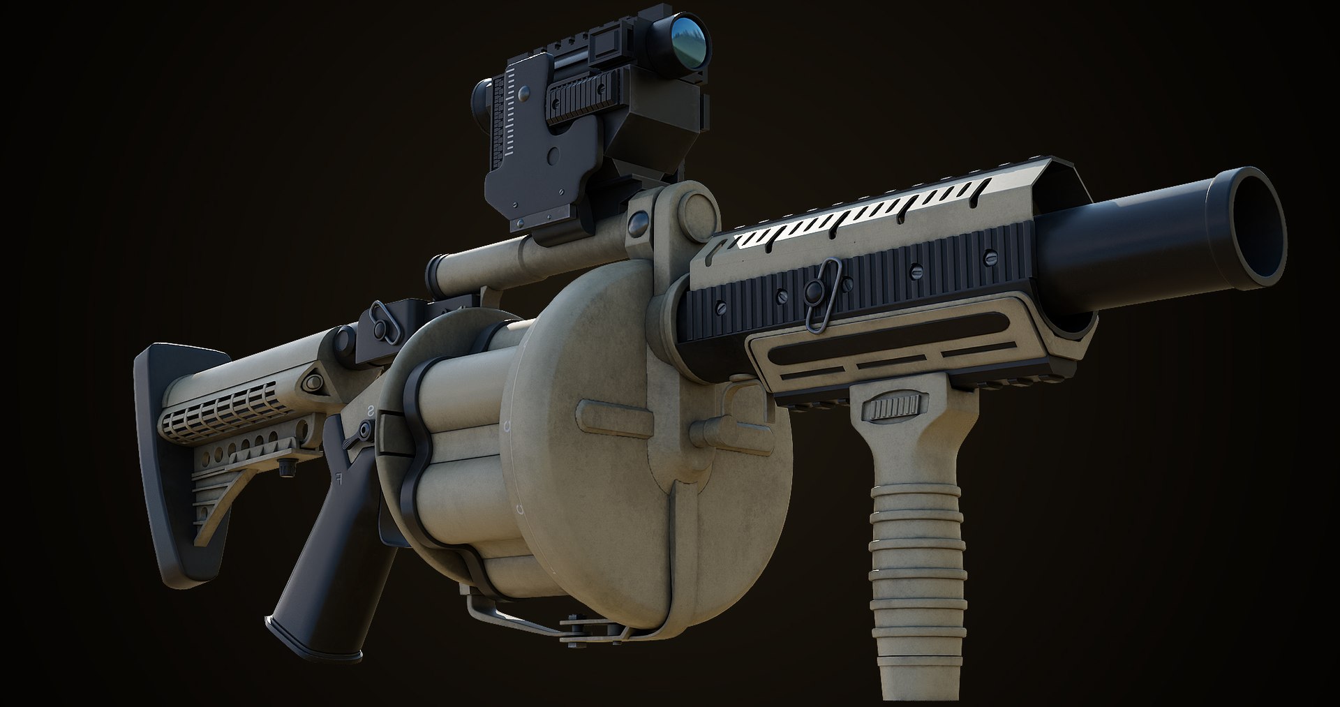 Grenade Launcher Gun PBR Unity UE V-Ray Textures Included 3D model https://p.turbosquid.com/ts-thumb/1I/yZ0MlW/fC/gun06_0035/jpg/1657028868/1920x1080/fit_q87/797a69d09287ec38fd2c645d7a6ec94eed1bf1ff/gun06_0035.jpg