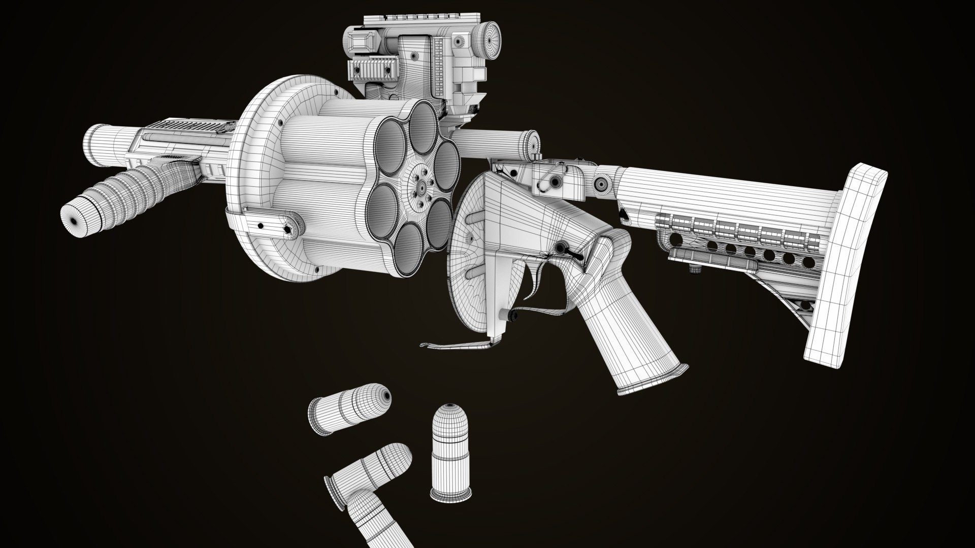 Grenade Launcher Gun PBR Unity UE V-Ray Textures Included 3D model https://p.turbosquid.com/ts-thumb/1I/yZ0MlW/lw/gun06wireframe__00000/jpg/1657429333/1920x1080/fit_q87/ad0859cf9bc7147d52602bf62513f662b373053f/gun06wireframe__00000.jpg