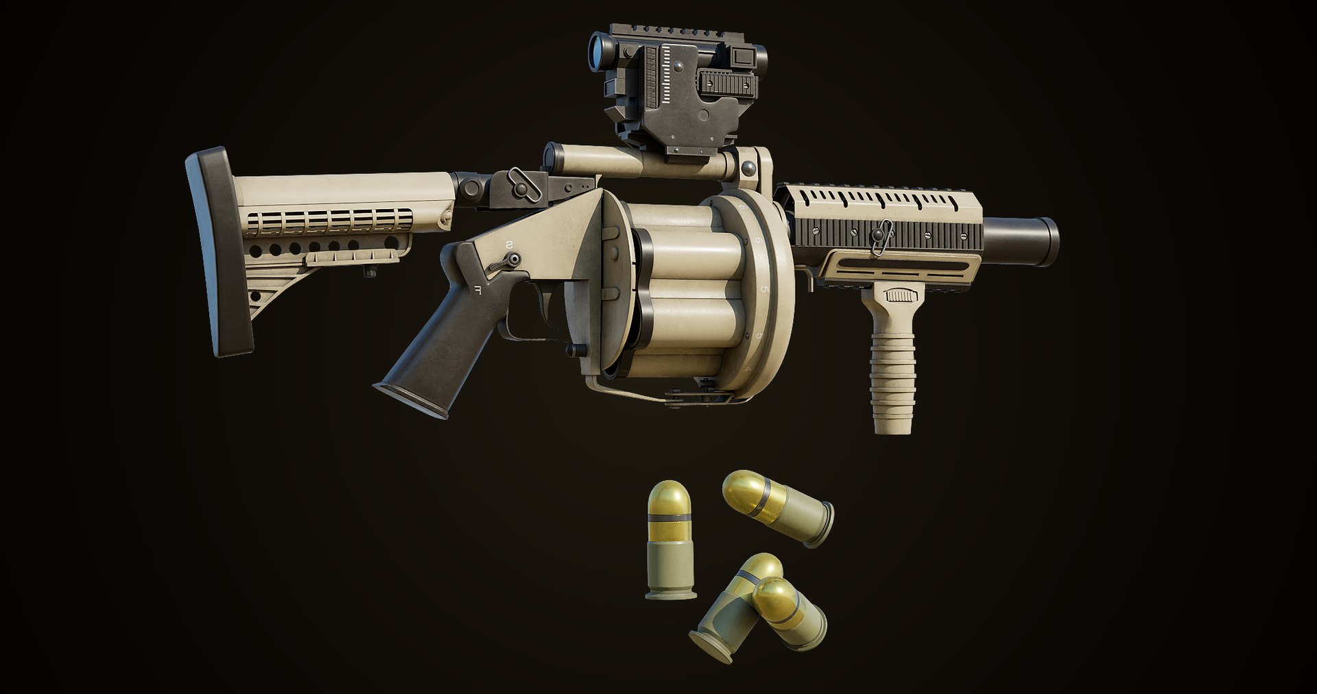 Grenade Launcher Gun PBR Unity UE V-Ray Textures Included 3D model https://p.turbosquid.com/ts-thumb/1I/yZ0MlW/na/gun06_0013/jpg/1657028742/1920x1080/fit_q87/dff8e366cf6c19fc7d29b15586472f7effa35405/gun06_0013.jpg