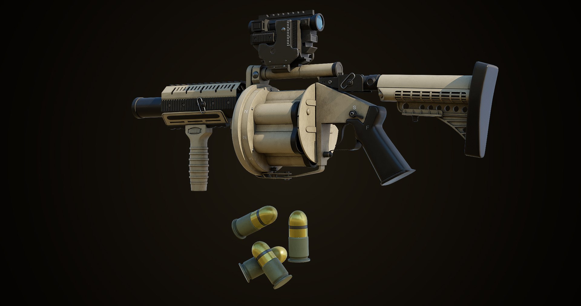 Grenade Launcher Gun PBR Unity UE V-Ray Textures Included 3D model https://p.turbosquid.com/ts-thumb/1I/yZ0MlW/yk/gun06_0021/jpg/1657028740/1920x1080/fit_q87/0e55a77e3d9439453cbc2e3e79247ee238078350/gun06_0021.jpg