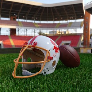 Retro Team Red Eagles Helmet with Logo and Football White On Grass Fur 3D model