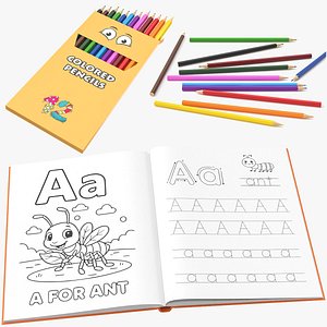 Kids Open Coloring Book And Colored Pencils Box 3D Bundle