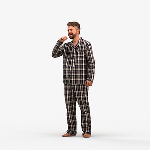 00455Kyrsten007 - Adult Caucasian man brushing teeth in pajamas for residential interior visualizati
