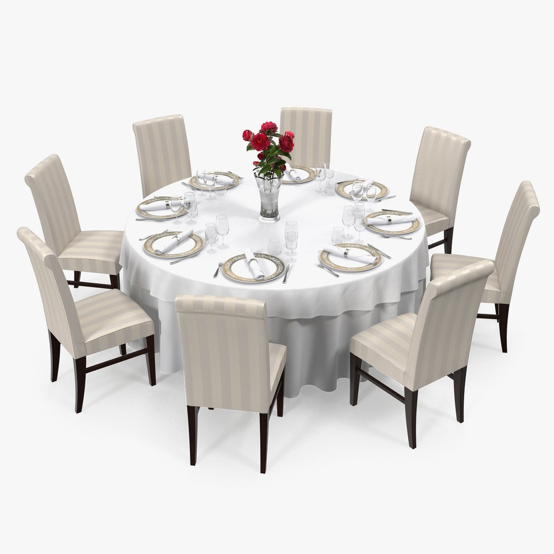 Round Restaurant Table Served With 8 Chairs 3D model preview