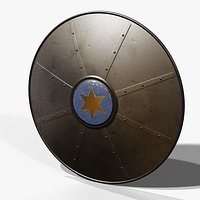 Round Steel Shield with Gold Star and Riveted Spokes PBR