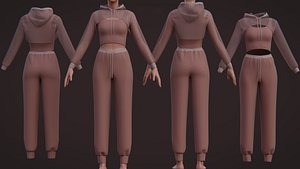 Sexy Womens 3 Piece Tracksuit Crop top hoodie sweatshirt sweatpants 3D Model model