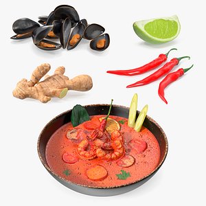 Tom Yum Soup with Ingredients Collection 3D
