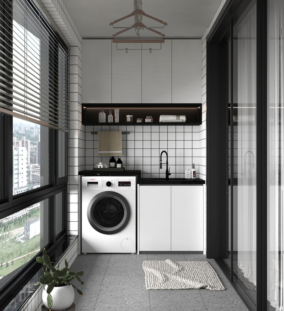 3D Modern Balcony Laundry Cabinet Combination Laundry Room Home ...