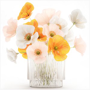 3D Beautiful Realistic Bouquet Wild Flowers Poppy glass vase decor model
