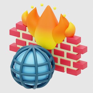 Network fire wall 3d icon represented with fire burning wall and globe wire frame 3D