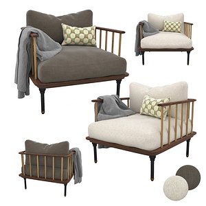 Beige Wooden Armchair with Soft Cushions and Blanket