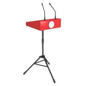 Red Speaker Podium on Tripod. Tribune Rostrum Stand with Microphones.