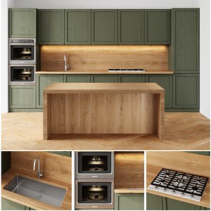 3D green kitchen with island model