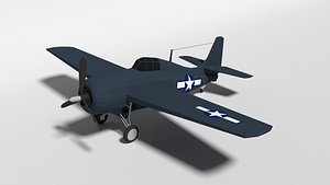 Low Poly Cartoon Grumman FM-2 Wildcat WWII Airplane