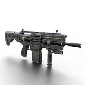 Futuristic Tactical Plasma Rifle Heavy Sci-Fi Energy Weapon with Green Power Core and Attachments 3D model