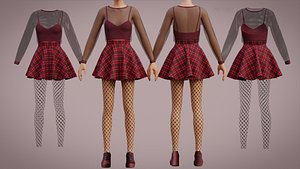 3D Grunge Fishnet Outfit - Plaid Skirt and Sheer Blouse tights leggings goth fit