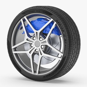 Sport Tire with Blue Brake Caliper and Alloy Rim 3D model