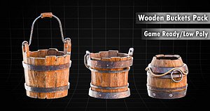 Wooden Buckets Pack - Low Poly - Game Ready