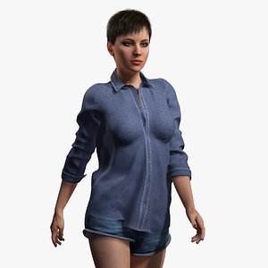 Realistic Young Woman Casual Character Blue Shirt Denim Shorts