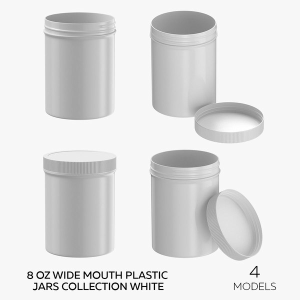 8 oz Wide Mouth Plastic Jars Collection White - 4 models 3D model