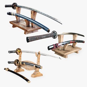 Katana Collection - Set of 3 Samurai Swords and a Dagger Wakizashi 3D