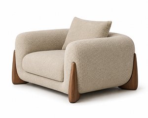3D Modern Beige Boucle Armchair 3D Model with Wooden Legs