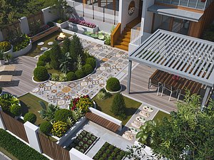 Multi-Zone Pattern Tile Pergola Lotus Pond Villa Courtyard 3D Model 3D