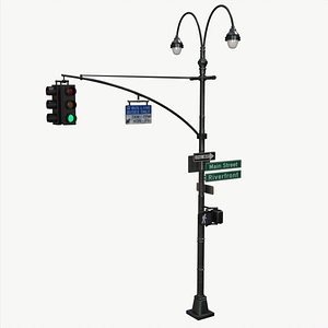 3D model LowPoly Traffic light with street lamp