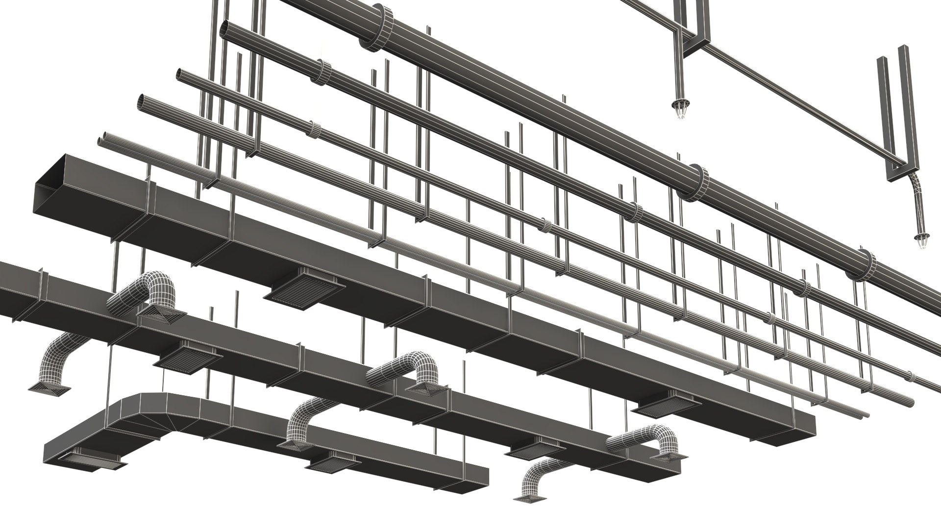 Suspended MEP Systems 3D Model - HVAC Fire Sprinkler And Electrical ...