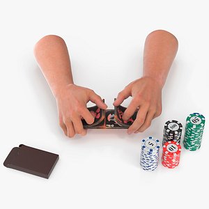 Poker Playing Cards with Chips in Hands 3D