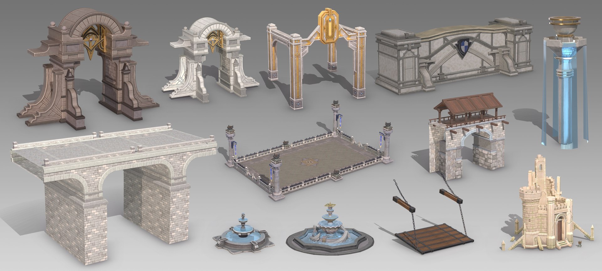 3D European Gate Wall Arch Stone Bridge Fountain Building - TurboSquid ...