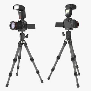 Canon DSLR Camera with flash on a Tripod 3D model