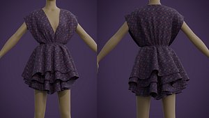 Floral Print Layered Ruffle Summer Dress 3D model