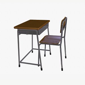 Japanese School Class Desk and Chair Lowpoly model