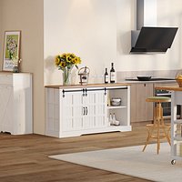 Farmhouse Buffet Cabinet with Sliding Barn Doors  White Sideboard with Wood Top  Open Storage Shelv