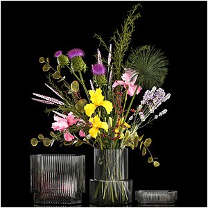 Bouquet of flowers branches thistles irises Ilex Lavender 356