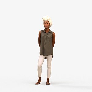 00495Harper003 - Adult Black woman waiting in public space wearing casual summer clothing model