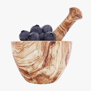 Olive wood mortar and pestle with blueberries 3D model