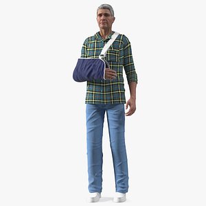 Elderly Man Arm Sling Bandage Hand Blue Rigged for Maya