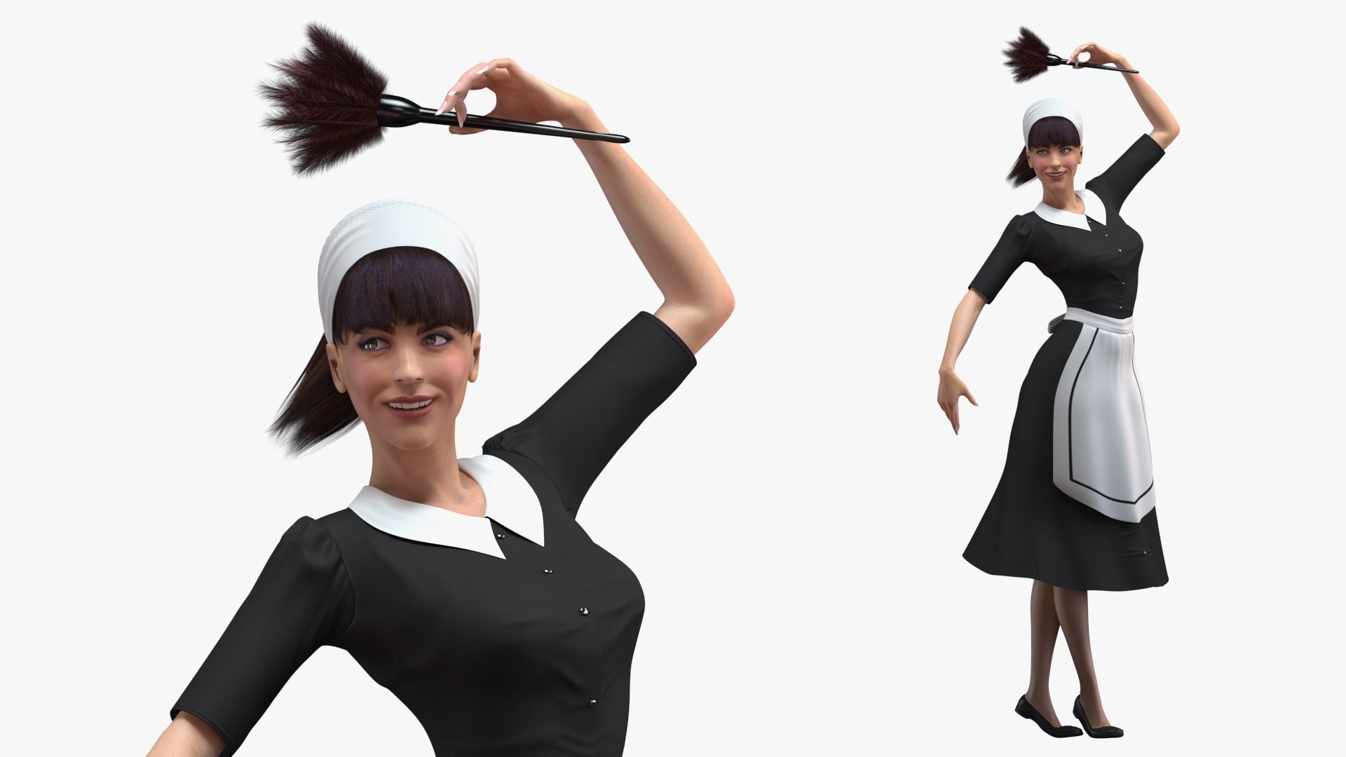 Maid in Uniform with Feather Duster 3D model preview