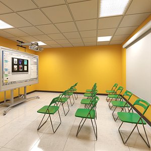 Classroom Interior with Projector and Chairs