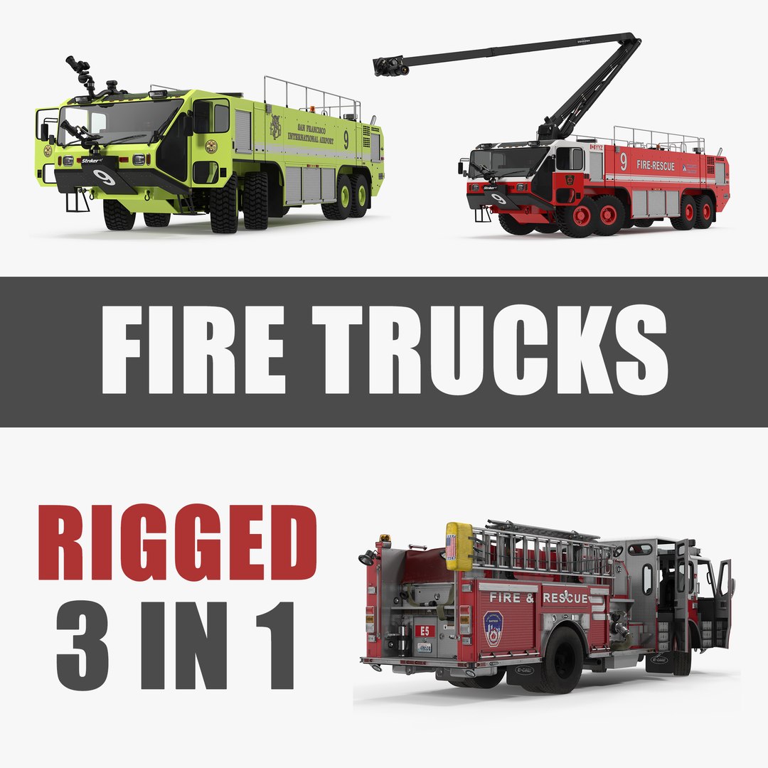 Rigged Fire Trucks Collection 8 3D model preview