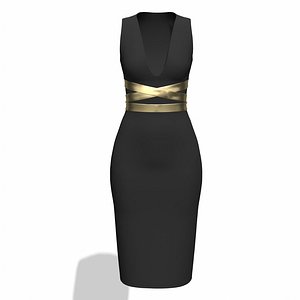 3D model Evening black dress with gold belt