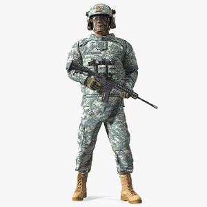 Soldier in Grey Tactical Gear with Rifle Standing Fur