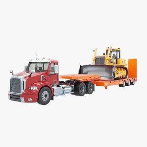 Generic Semi Truck and Low Loader Trailer with Bulldozer 3D