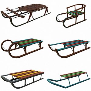 Christmas Set of 6 Old Wooden Sleds 3D