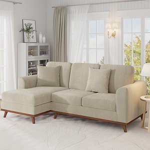 Scandinavian Style Living Room with Beige L shaped Fabric Sectional Sofa 3D Interior Scene