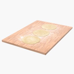 Thin Crust Pizza Dough on Wooden Board 3D Model