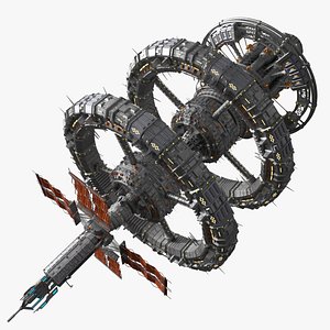 Interplanetary Space Station with Triple Rotation Rings Metallic Gray