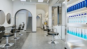 3D Barber Shop Hair salon Interior with Furniture and Props